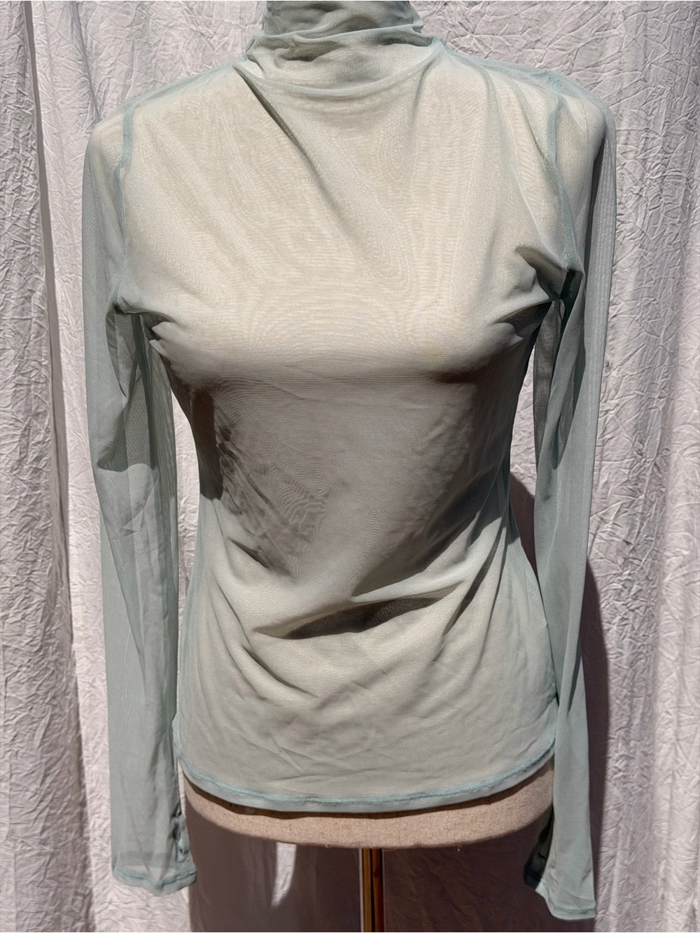 Light Sage Sheer Long-Sleeve Mock Neck Top